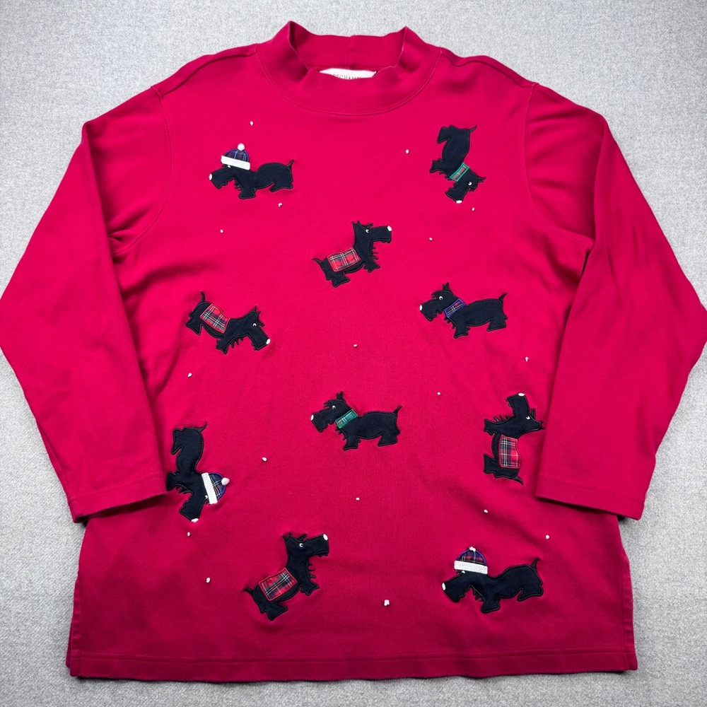 Vintage 90s Bechamel Scottie‎ Dog Christmas Sweatshirt Womens L Red Embroidered